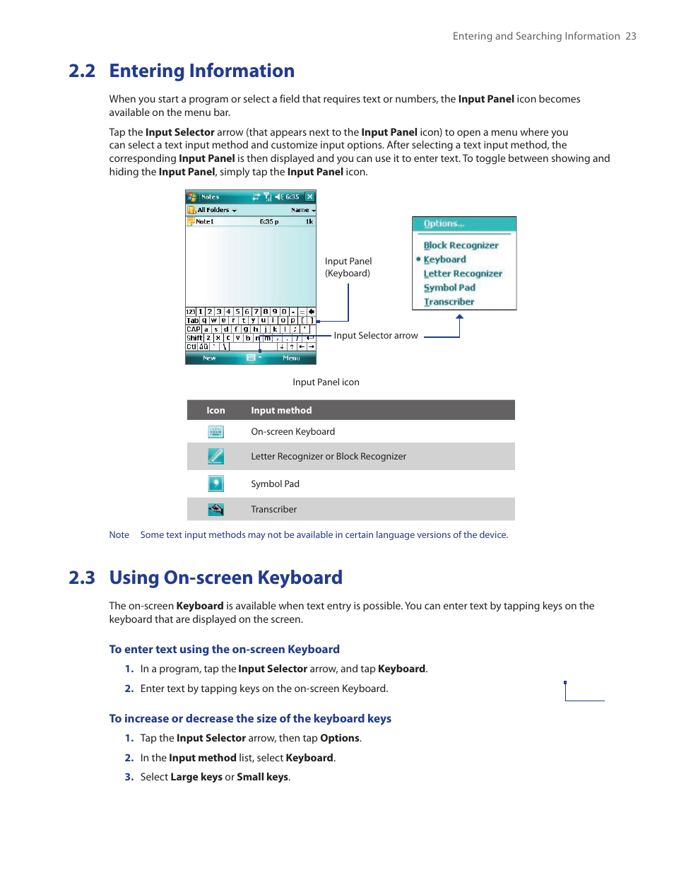 2 entering information, 3 using on-screen keyboard | TAO PDA Phone User Manual | Page 23 / 140