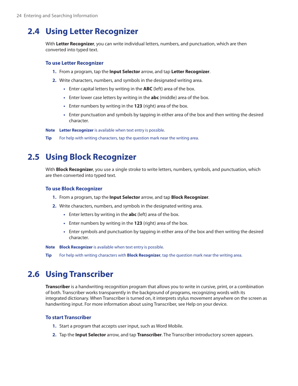 4 using letter recognizer, 5 using block recognizer, 6 using transcriber | TAO PDA Phone User Manual | Page 24 / 140