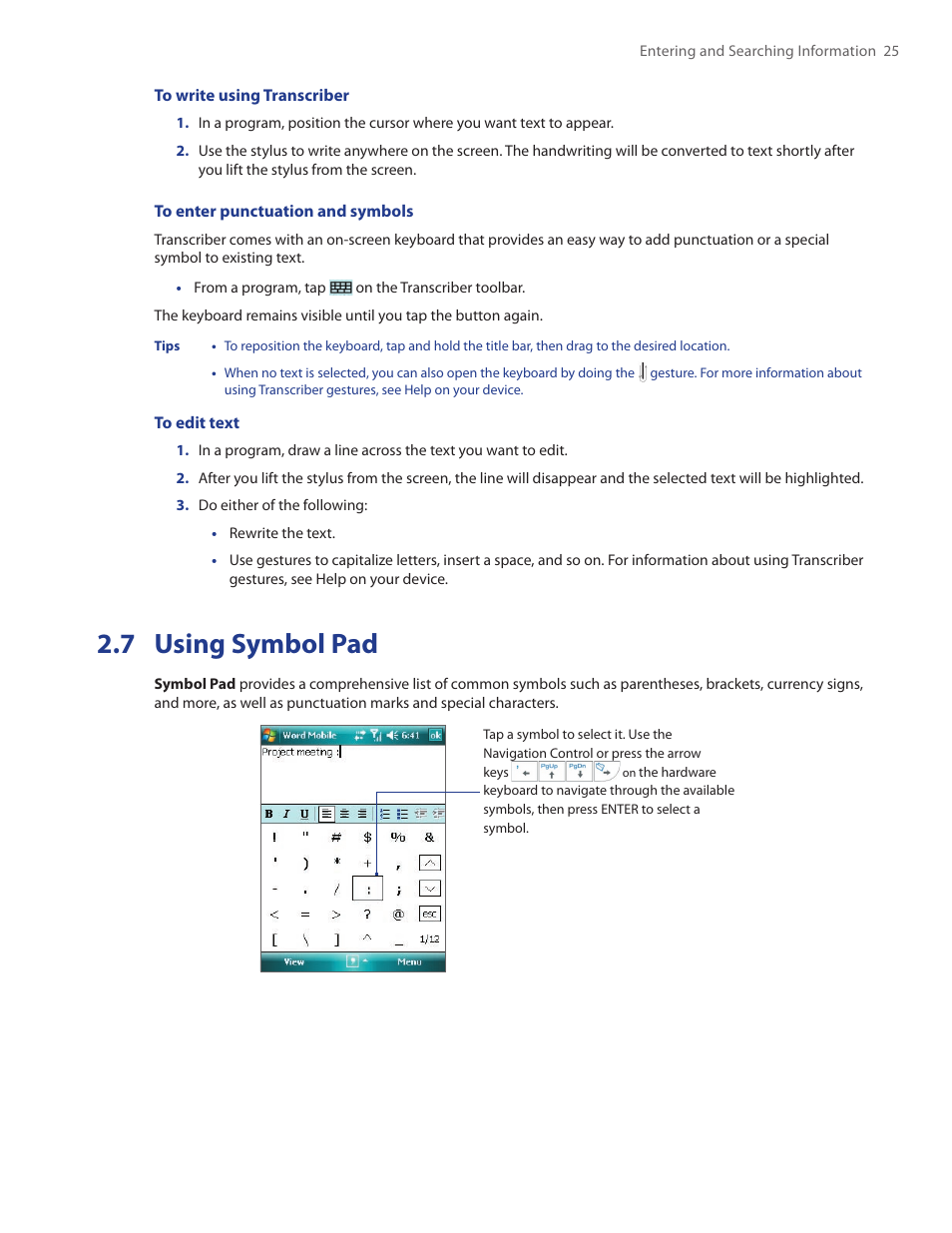 7 using symbol pad | TAO PDA Phone User Manual | Page 25 / 140