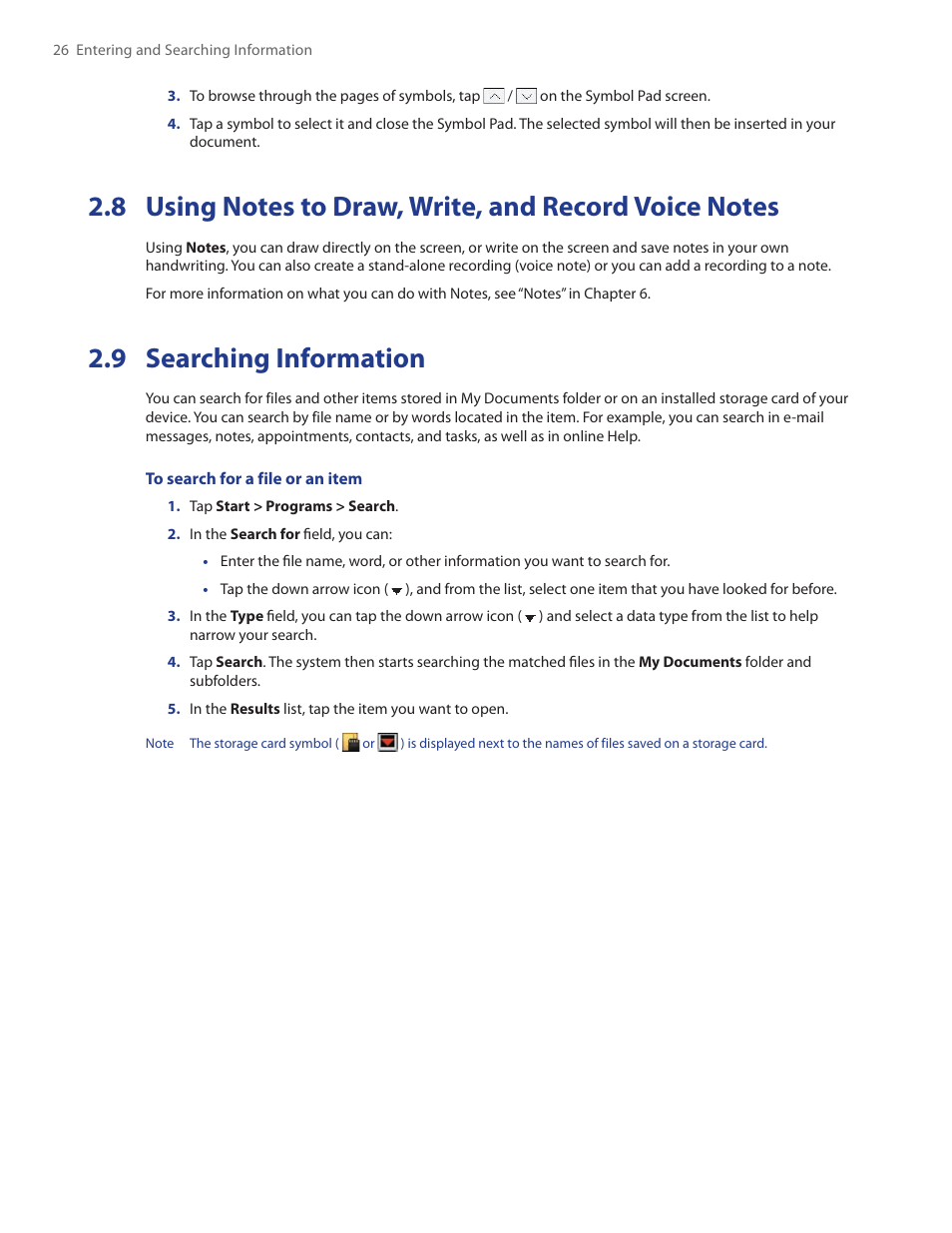 8 using notes to draw, write, And record voice notes, 9 searching information | TAO PDA Phone User Manual | Page 26 / 140