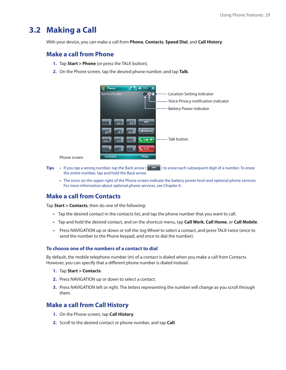 2 making a call, Make a call from phone, Make a call from contacts | Make a call from call history | TAO PDA Phone User Manual | Page 29 / 140