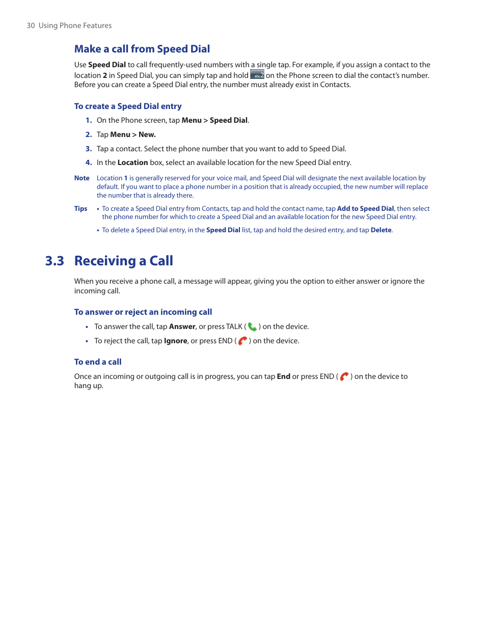 3 receiving a call, Make a call from speed dial | TAO PDA Phone User Manual | Page 30 / 140