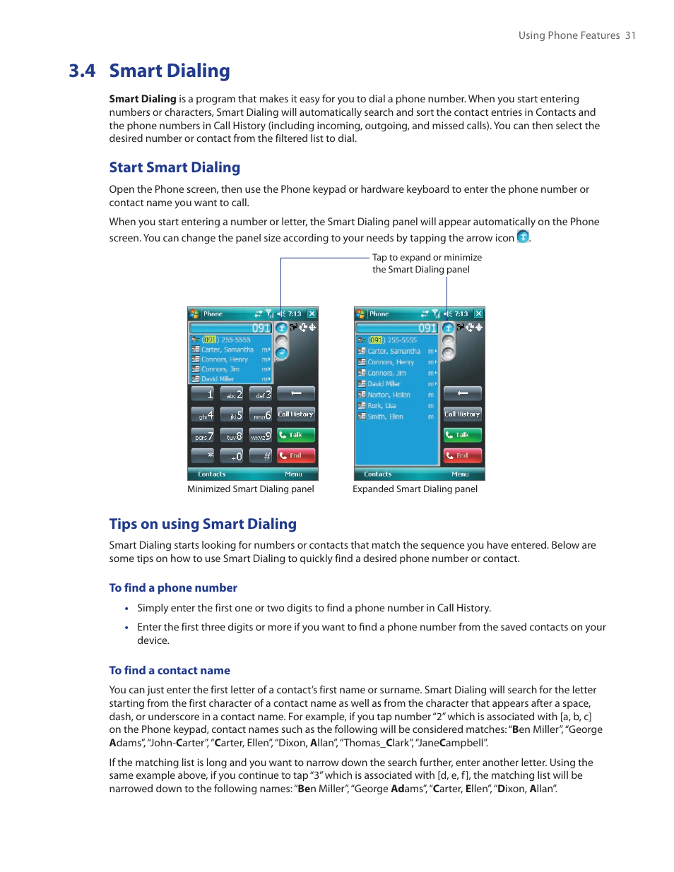 4 smart dialing, Start smart dialing, Tips on using smart dialing | TAO PDA Phone User Manual | Page 31 / 140