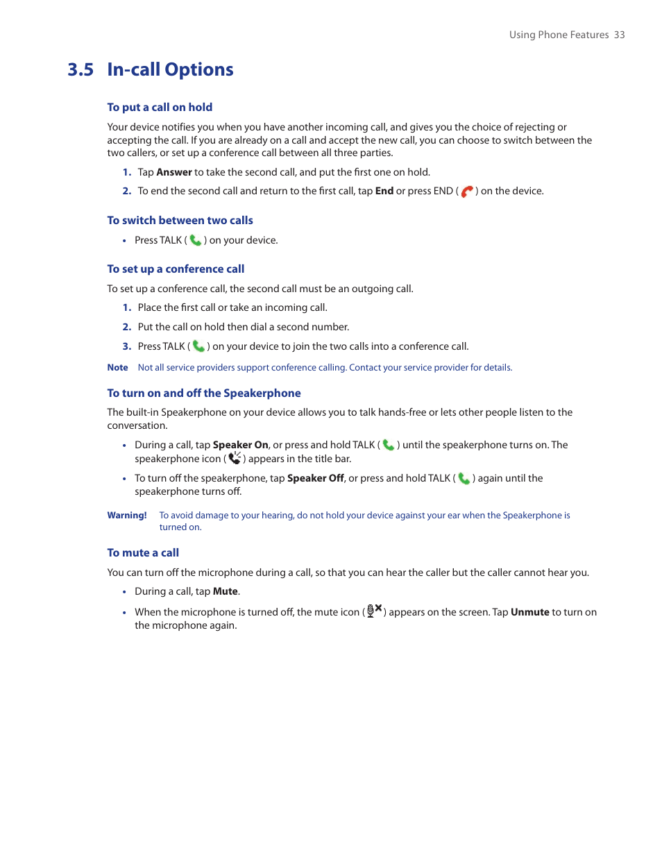5 in-call options | TAO PDA Phone User Manual | Page 33 / 140