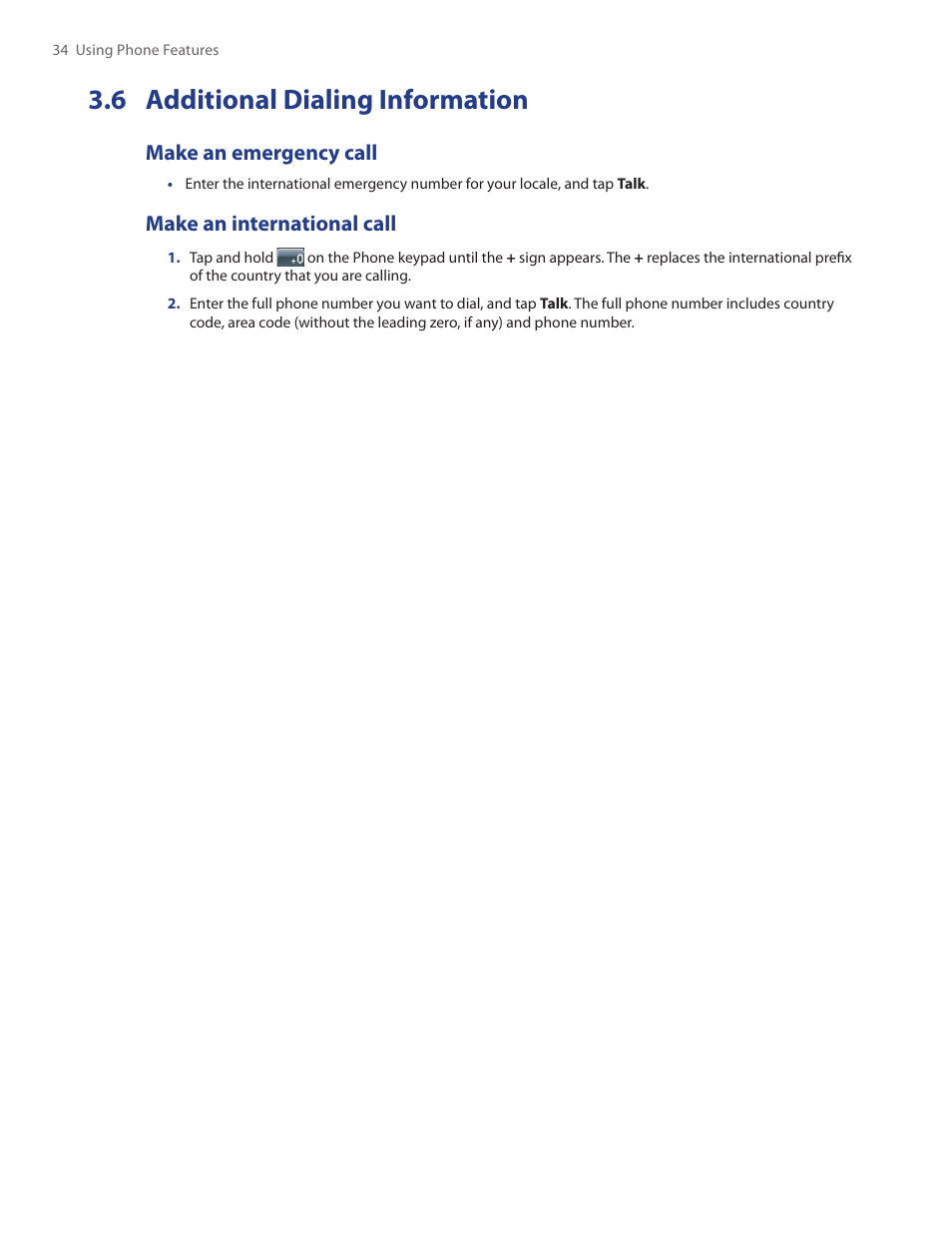 6 additional dialing information, Make an emergency call, Make an international call | TAO PDA Phone User Manual | Page 34 / 140