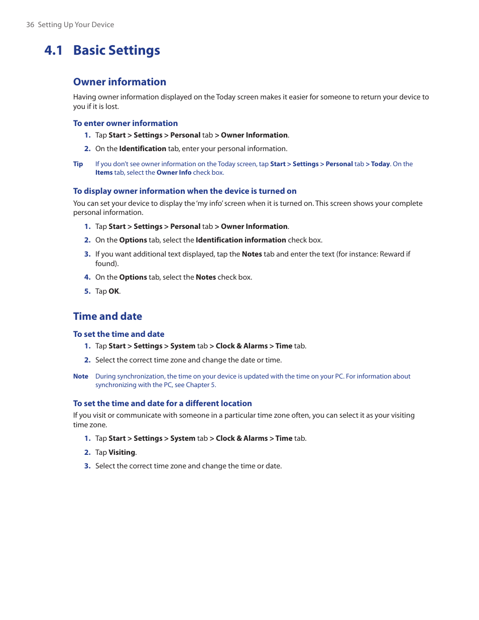 1 basic settings, Owner information, Time and date | TAO PDA Phone User Manual | Page 36 / 140