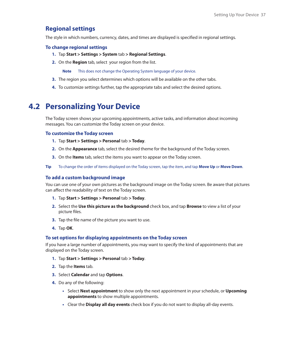 2 personalizing your device, Regional settings | TAO PDA Phone User Manual | Page 37 / 140