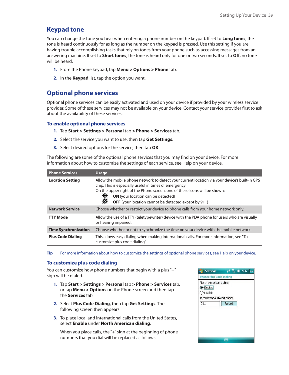 Keypad tone, Optional phone services | TAO PDA Phone User Manual | Page 39 / 140