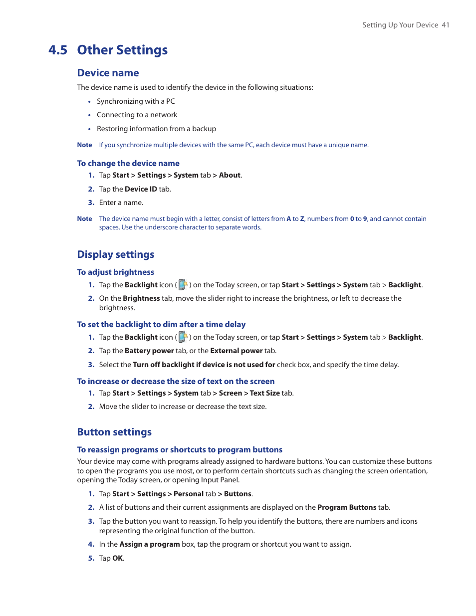 5 other settings, Device name, Display settings | Button settings | TAO PDA Phone User Manual | Page 41 / 140