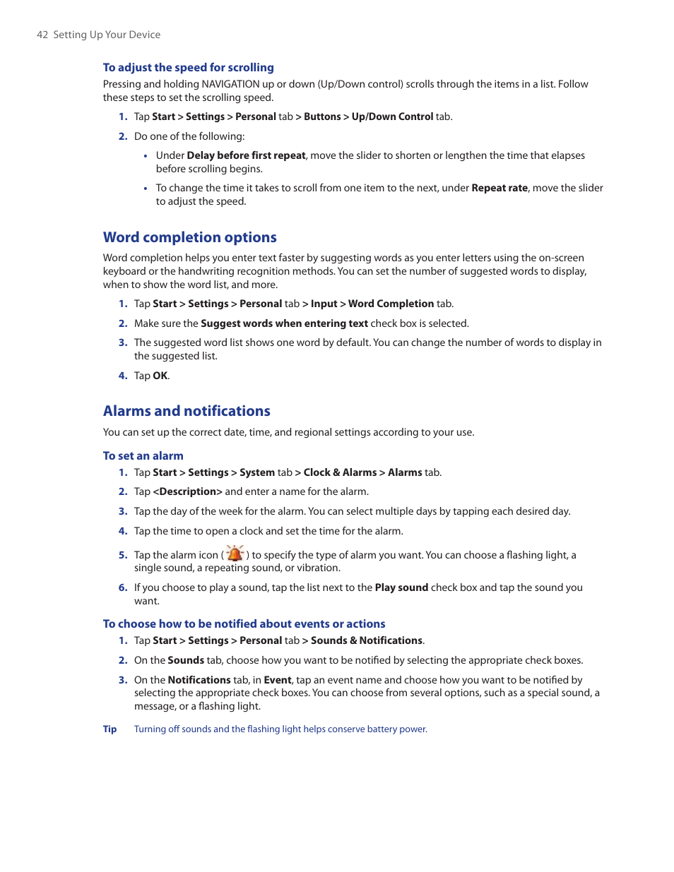 Word completion options, Alarms and notifications | TAO PDA Phone User Manual | Page 42 / 140