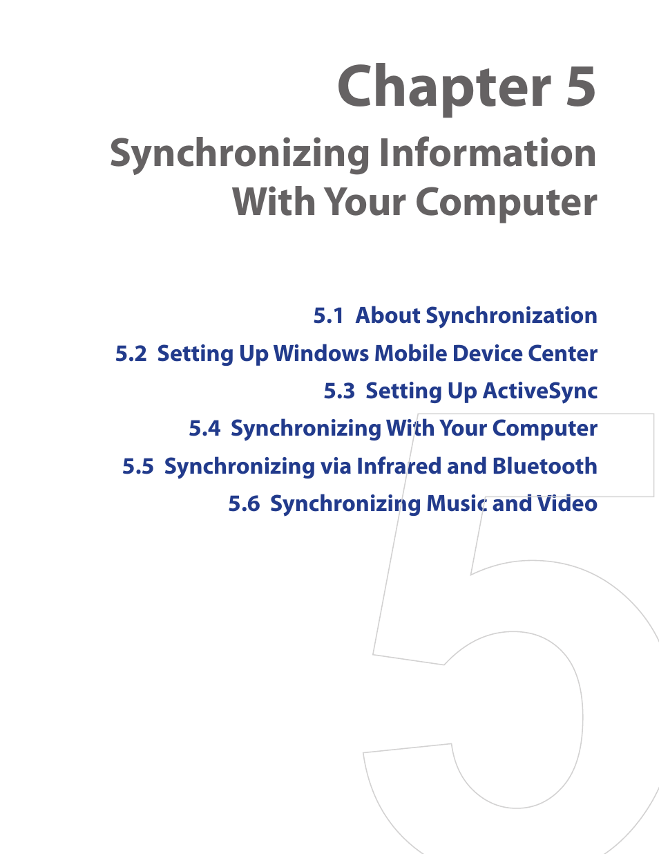 Chapter 5, Synchronizing information with your computer | TAO PDA Phone User Manual | Page 43 / 140