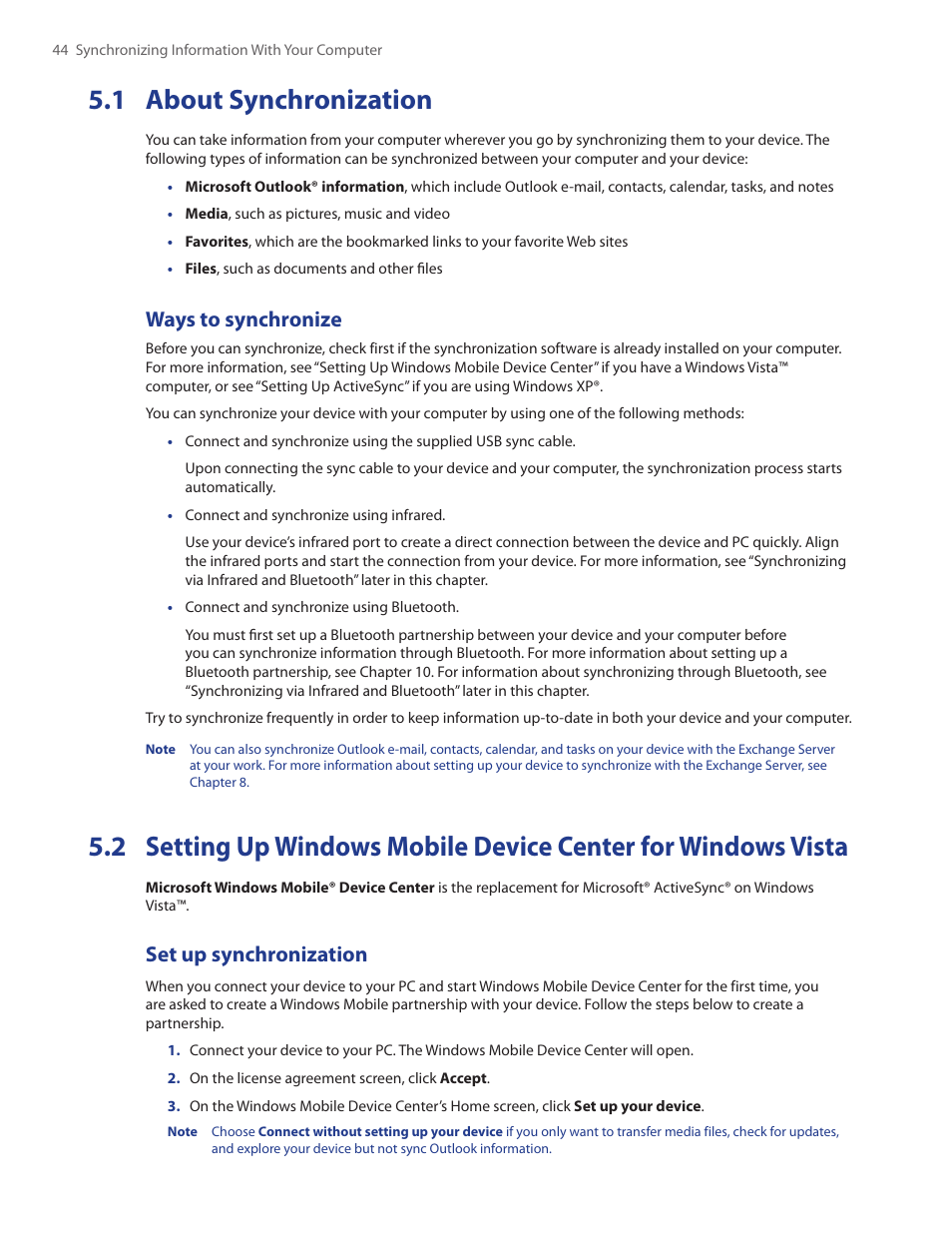 1 about synchronization, 2 setting up windows mobile device center, Ways to synchronize | Set up synchronization | TAO PDA Phone User Manual | Page 44 / 140