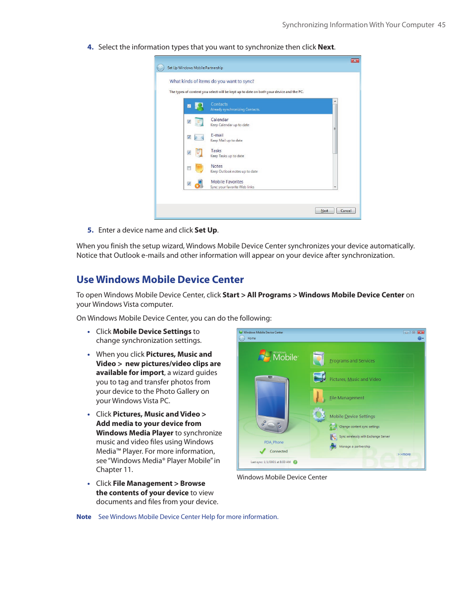 Use windows mobile device center | TAO PDA Phone User Manual | Page 45 / 140