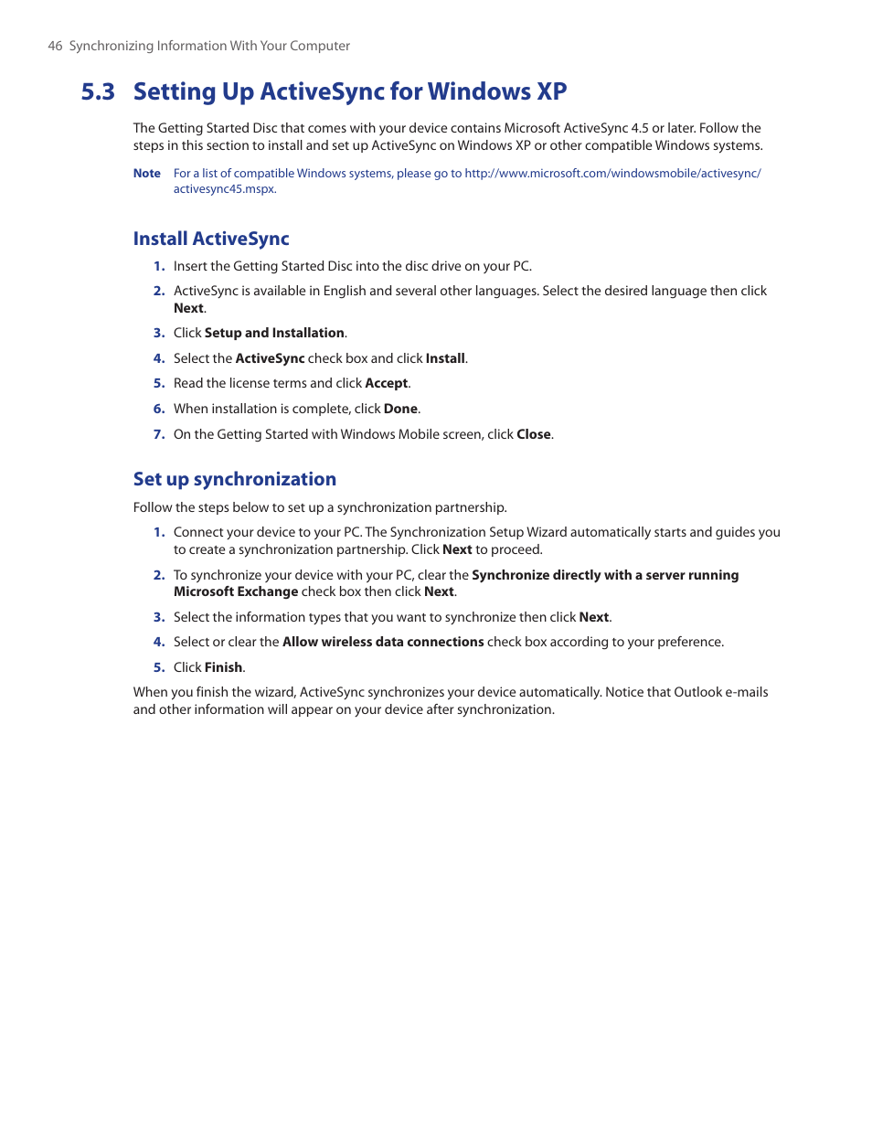 3 setting up activesync, 3 setting up activesync for windows xp, Install activesync | Set up synchronization | TAO PDA Phone User Manual | Page 46 / 140