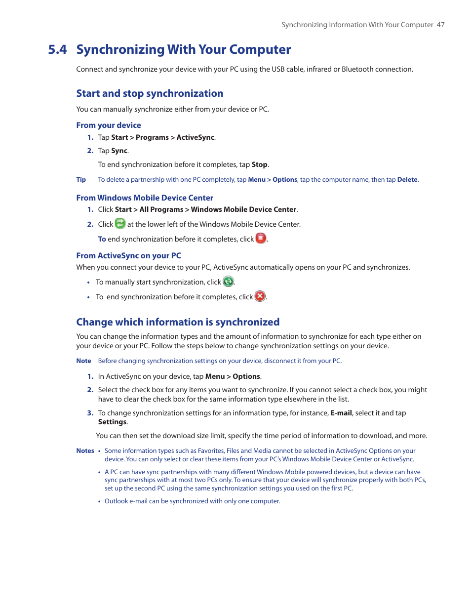 4 synchronizing with your computer, Start and stop synchronization, Change which information is synchronized | TAO PDA Phone User Manual | Page 47 / 140