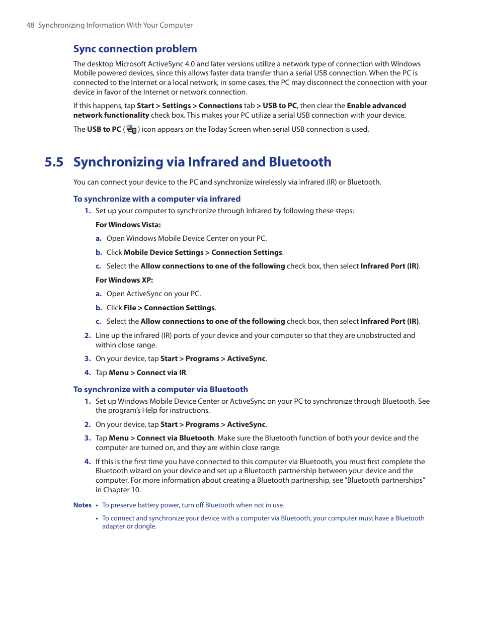 5 synchronizing via infrared and bluetooth, Sync connection problem | TAO PDA Phone User Manual | Page 48 / 140