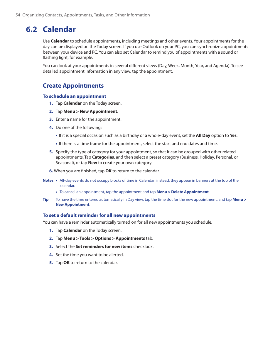 3 tasks, 2 calendar, Create appointments | TAO PDA Phone User Manual | Page 54 / 140