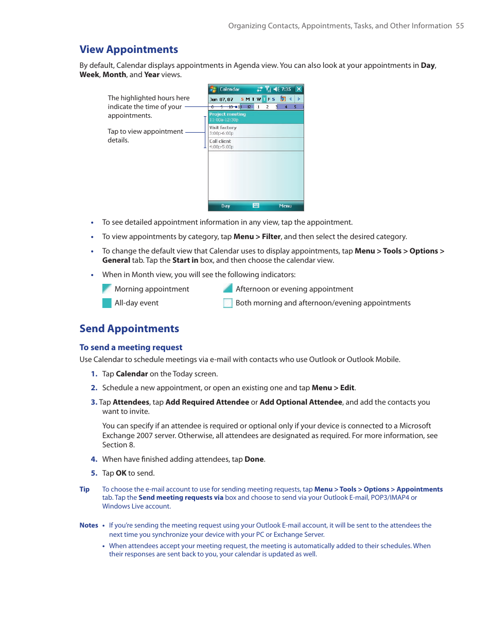 4 notes, View appointments, Send appointments | TAO PDA Phone User Manual | Page 55 / 140