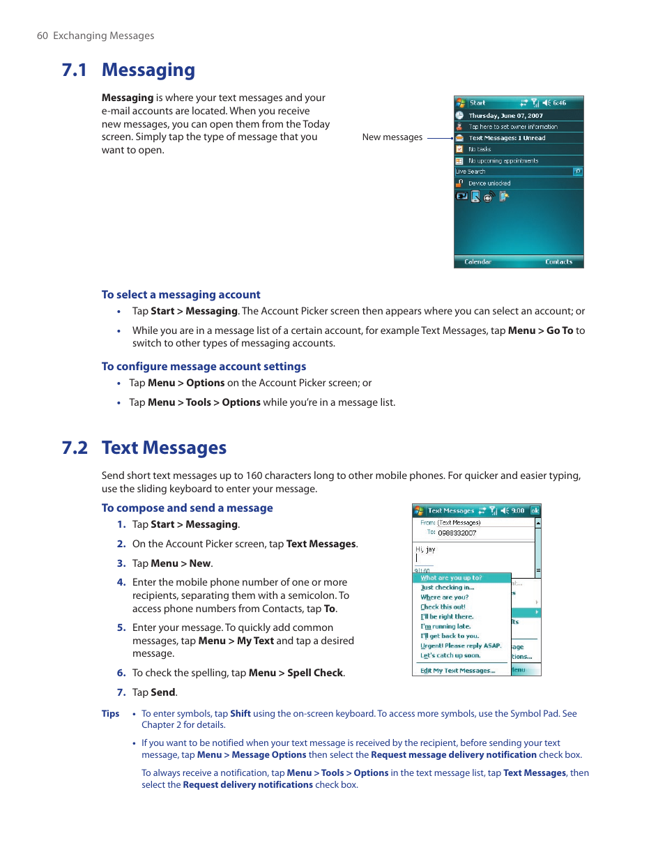 1 messaging, 2 text messages | TAO PDA Phone User Manual | Page 60 / 140