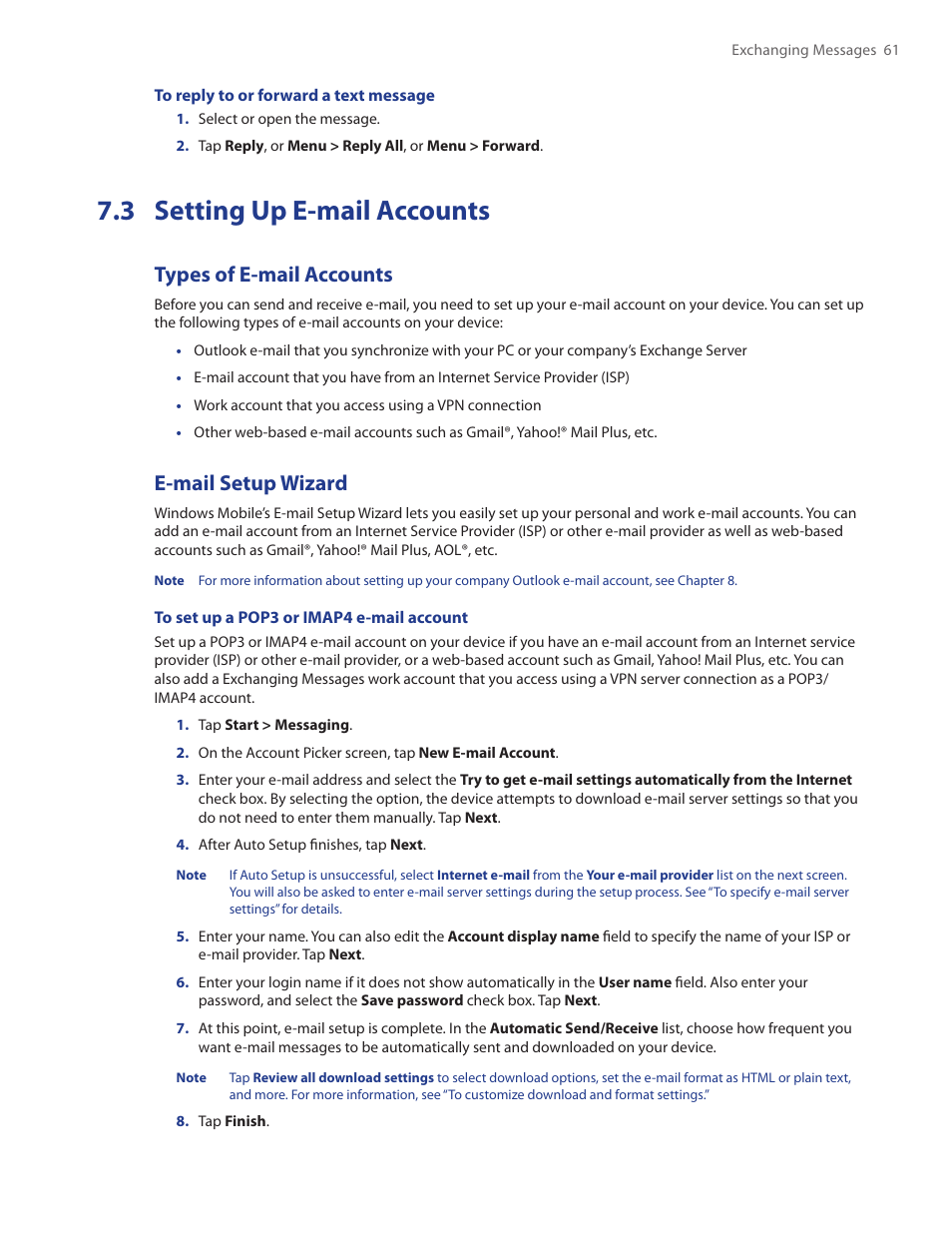 3 setting up e-mail accounts, Types of e-mail accounts, E-mail setup wizard | TAO PDA Phone User Manual | Page 61 / 140