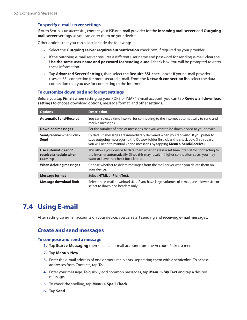 4 using e-mail, Create and send messages | TAO PDA Phone User Manual | Page 62 / 140