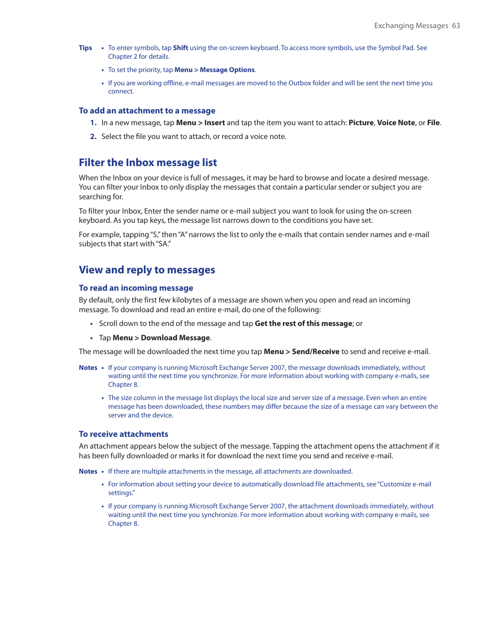 Filter the inbox message list, View and reply to messages | TAO PDA Phone User Manual | Page 63 / 140
