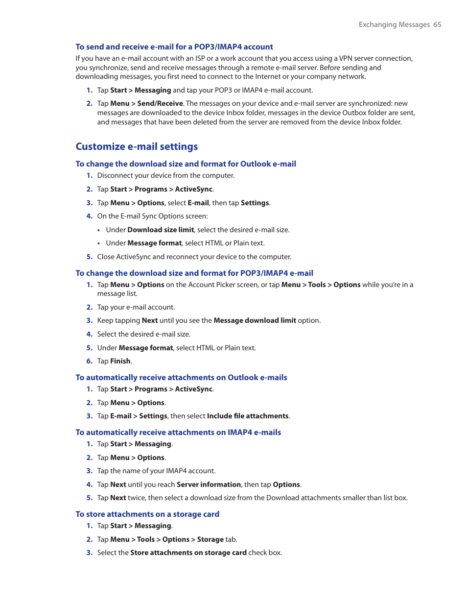 Customize e-mail settings | TAO PDA Phone User Manual | Page 65 / 140