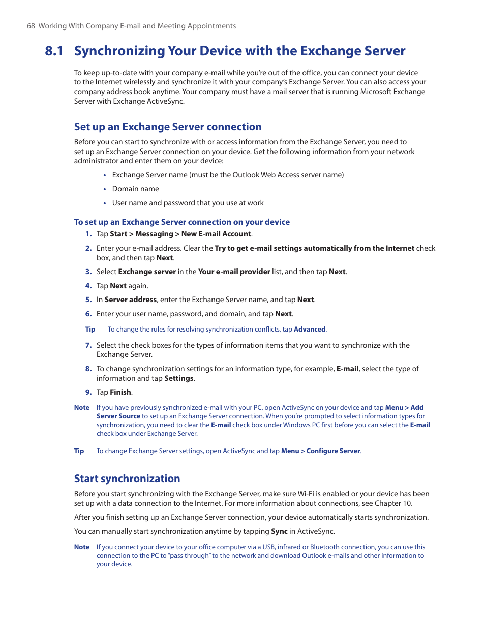 1 synchronizing your device with, The exchange server, Set up an exchange server connection | Start synchronization | TAO PDA Phone User Manual | Page 68 / 140