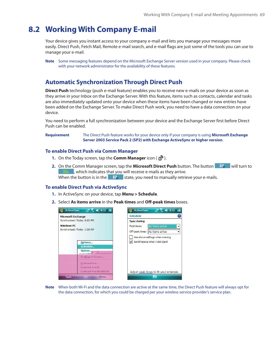 2 working with company e-mail, Automatic synchronization through direct push | TAO PDA Phone User Manual | Page 69 / 140
