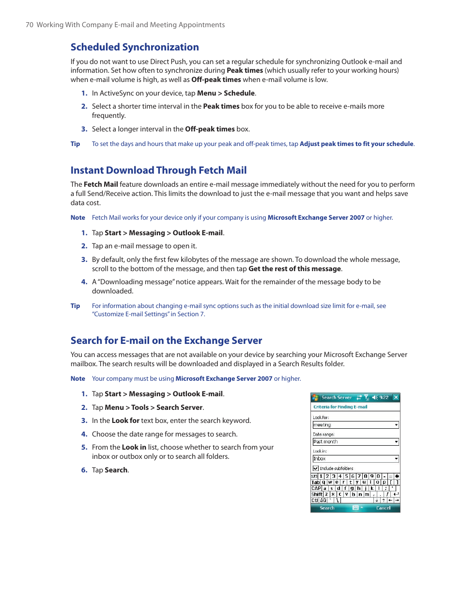 Scheduled synchronization, Instant download through fetch mail, Search for e-mail on the exchange server | TAO PDA Phone User Manual | Page 70 / 140