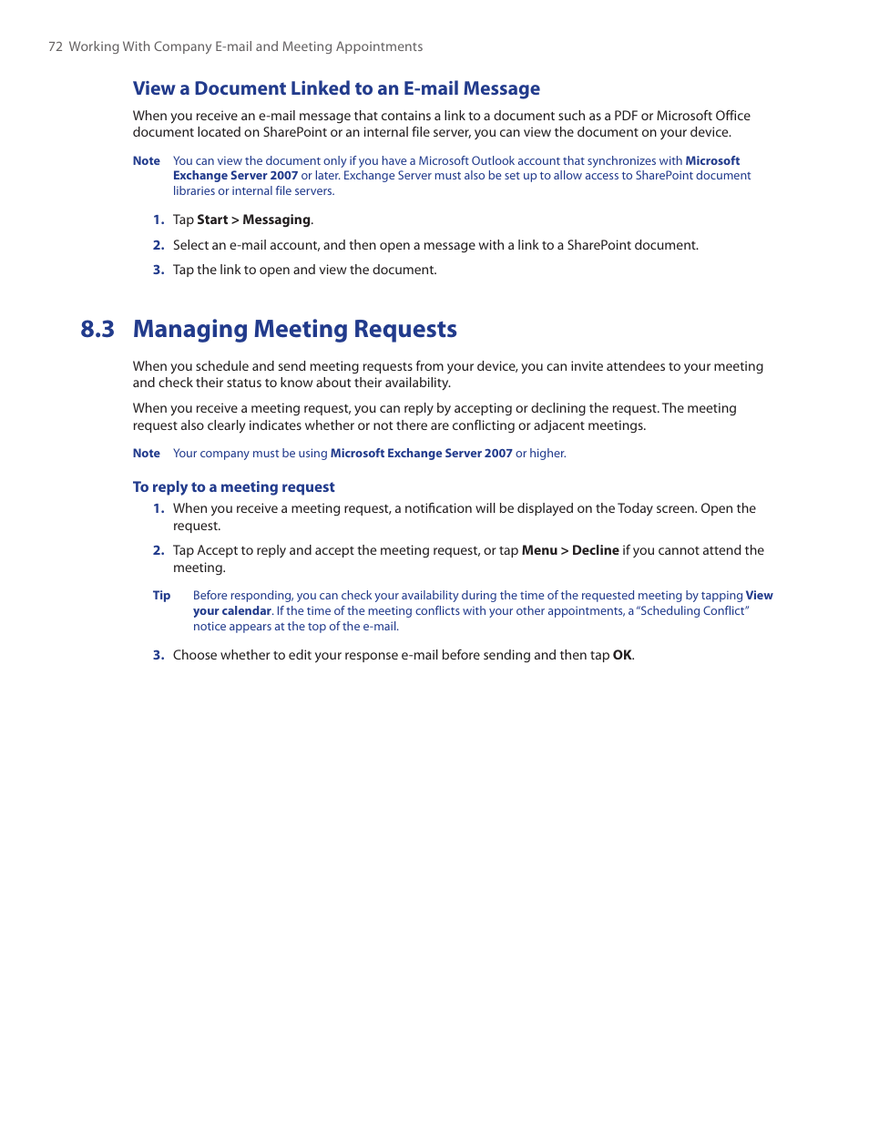 3 managing meeting requests, View a document linked to an e-mail message | TAO PDA Phone User Manual | Page 72 / 140