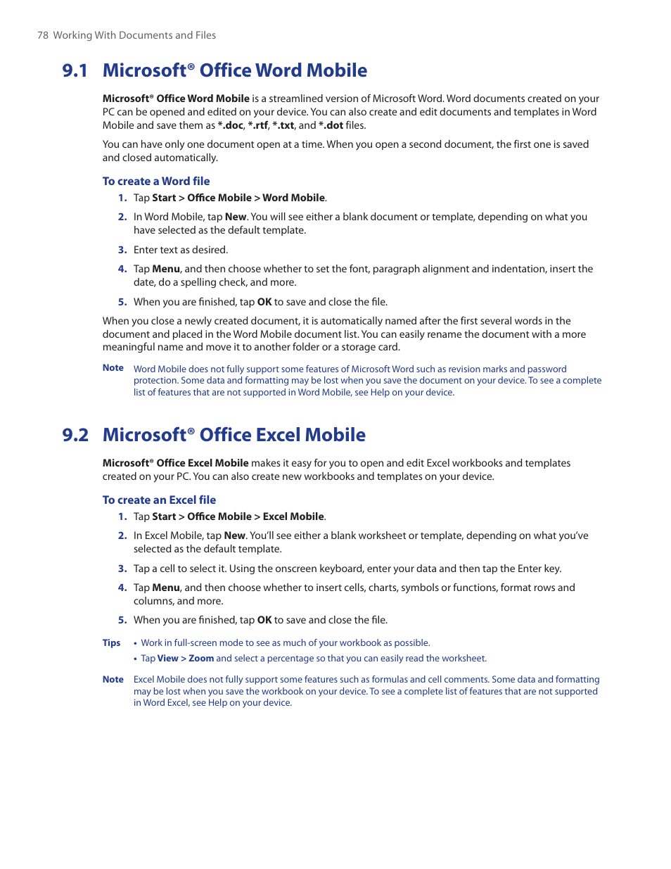 1 word mobile, 2 excel mobile, 1 microsoft® office word mobile | 2 microsoft® office excel mobile | TAO PDA Phone User Manual | Page 78 / 140