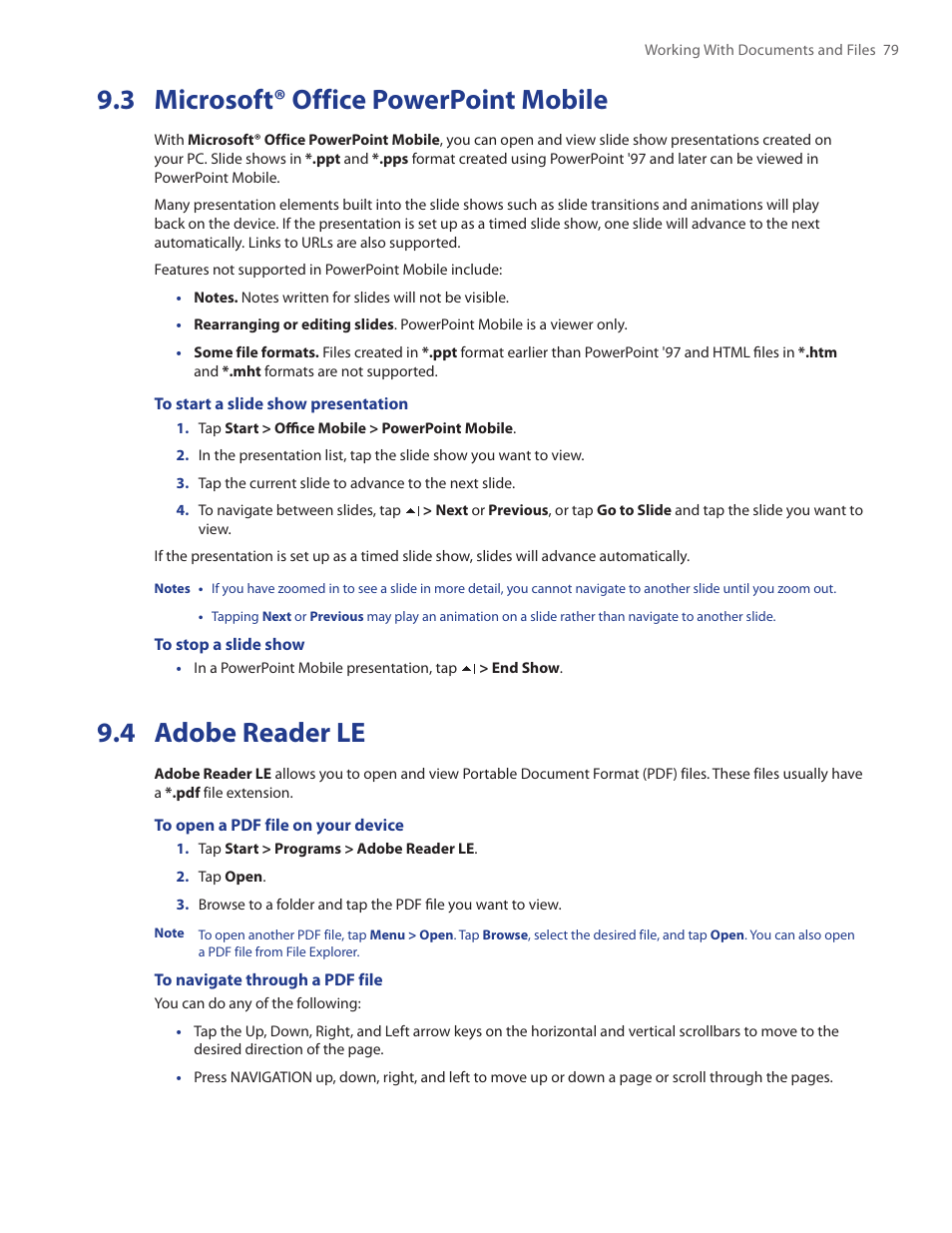 3 powerpoint mobile, 4 adobe reader le, 3 microsoft® office powerpoint mobile | TAO PDA Phone User Manual | Page 79 / 140