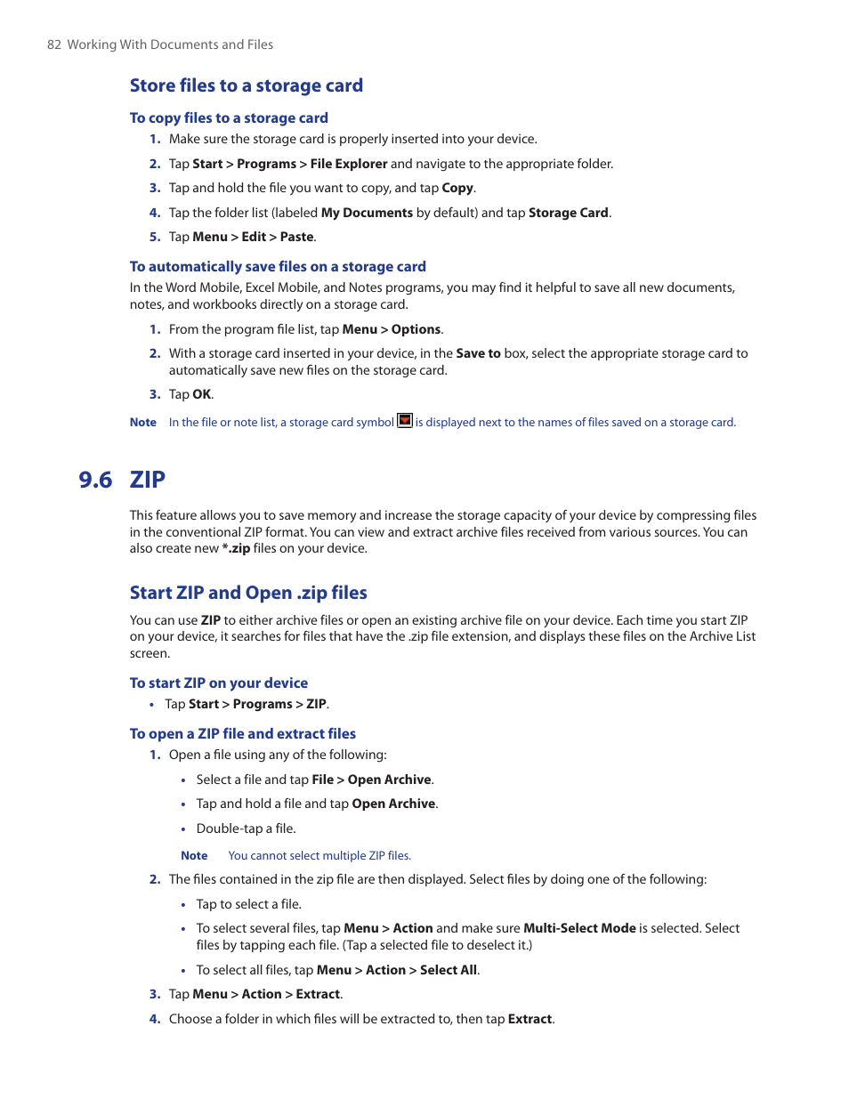 6 zip, Store files to a storage card, Start zip and open .zip files | TAO PDA Phone User Manual | Page 82 / 140