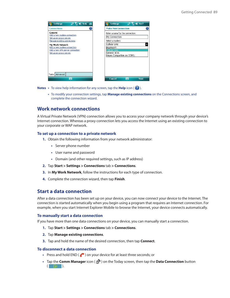 Work network connections, Start a data connection | TAO PDA Phone User Manual | Page 89 / 140