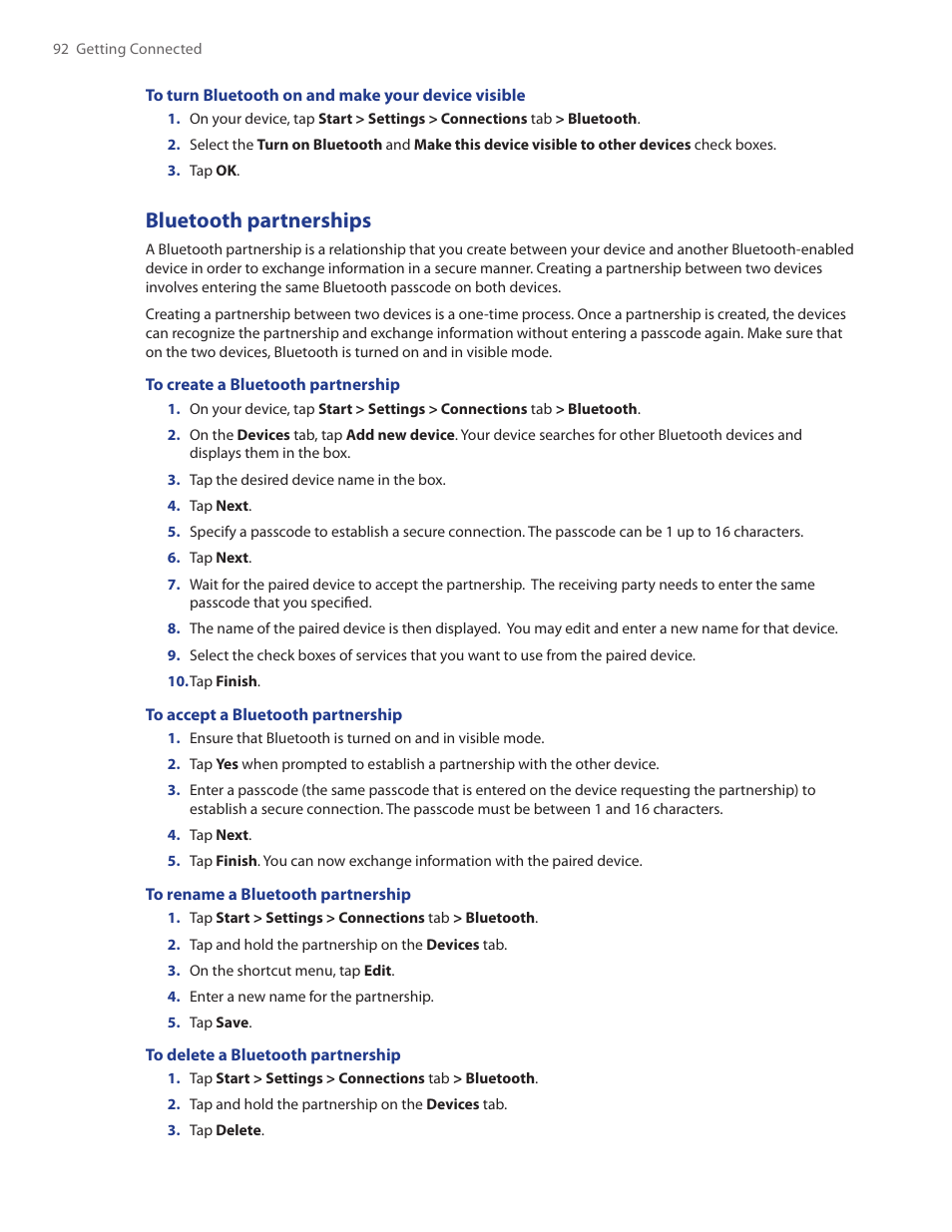 Bluetooth partnerships | TAO PDA Phone User Manual | Page 92 / 140