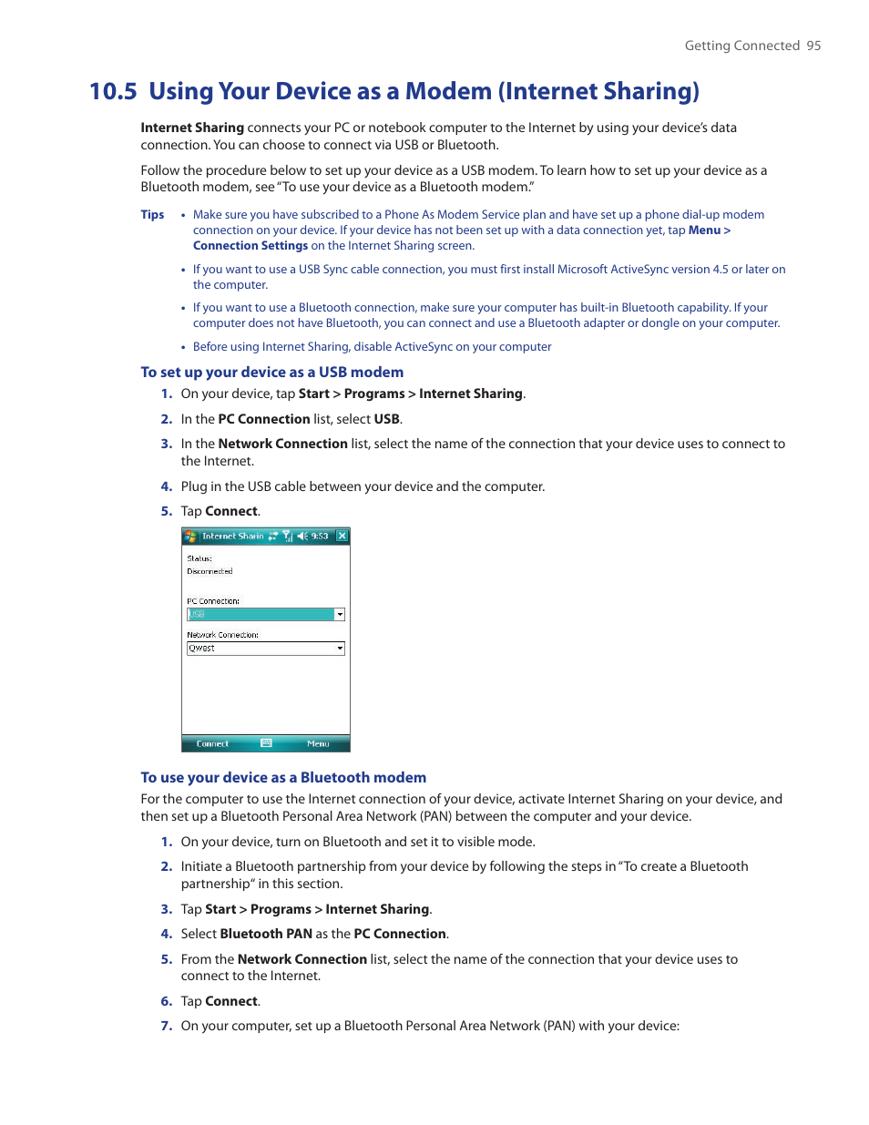 5 using your device as a modem, Internet sharing), 5 using your device as a modem (internet sharing) | TAO PDA Phone User Manual | Page 95 / 140