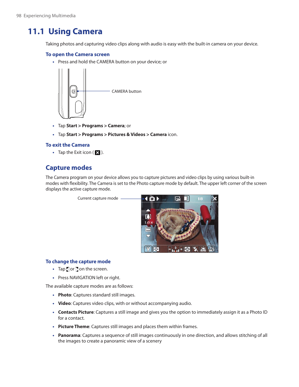 1 using camera, Capture modes | TAO PDA Phone User Manual | Page 98 / 140