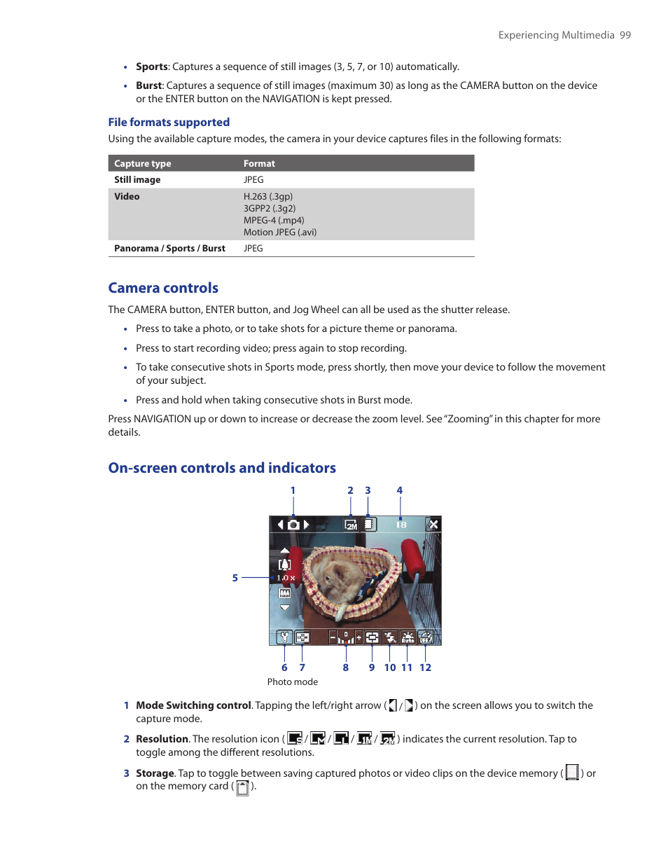 Camera controls, On-screen controls and indicators | TAO PDA Phone User Manual | Page 99 / 140