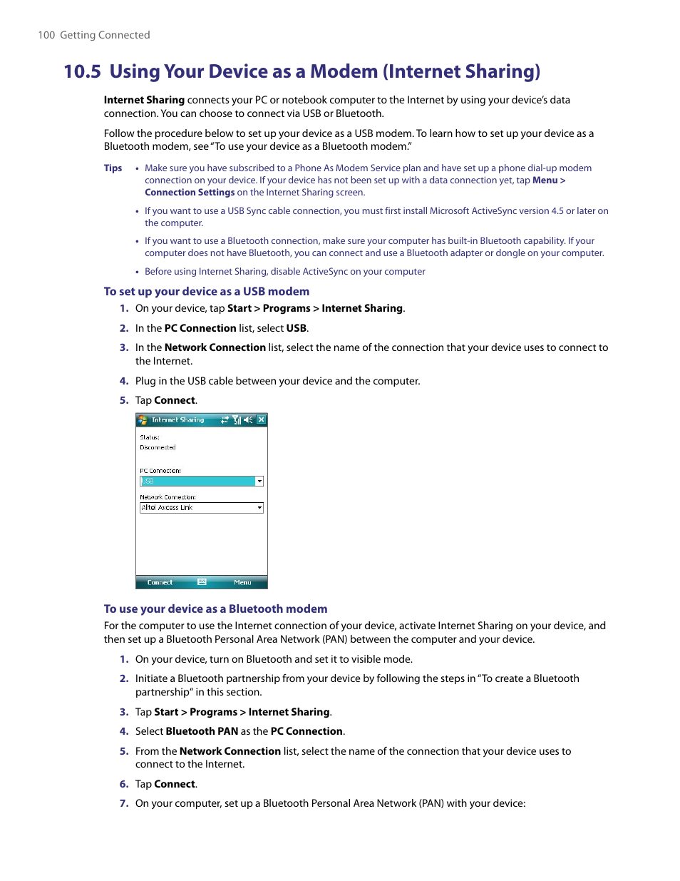 5 using your device as a modem (internet sharing), 5 using your device as a modem, Internet sharing) | TAO PDA User Manual | Page 100 / 148