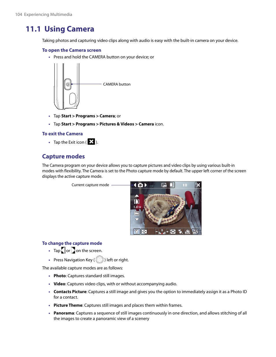 1 using camera, Capture modes | TAO PDA User Manual | Page 104 / 148