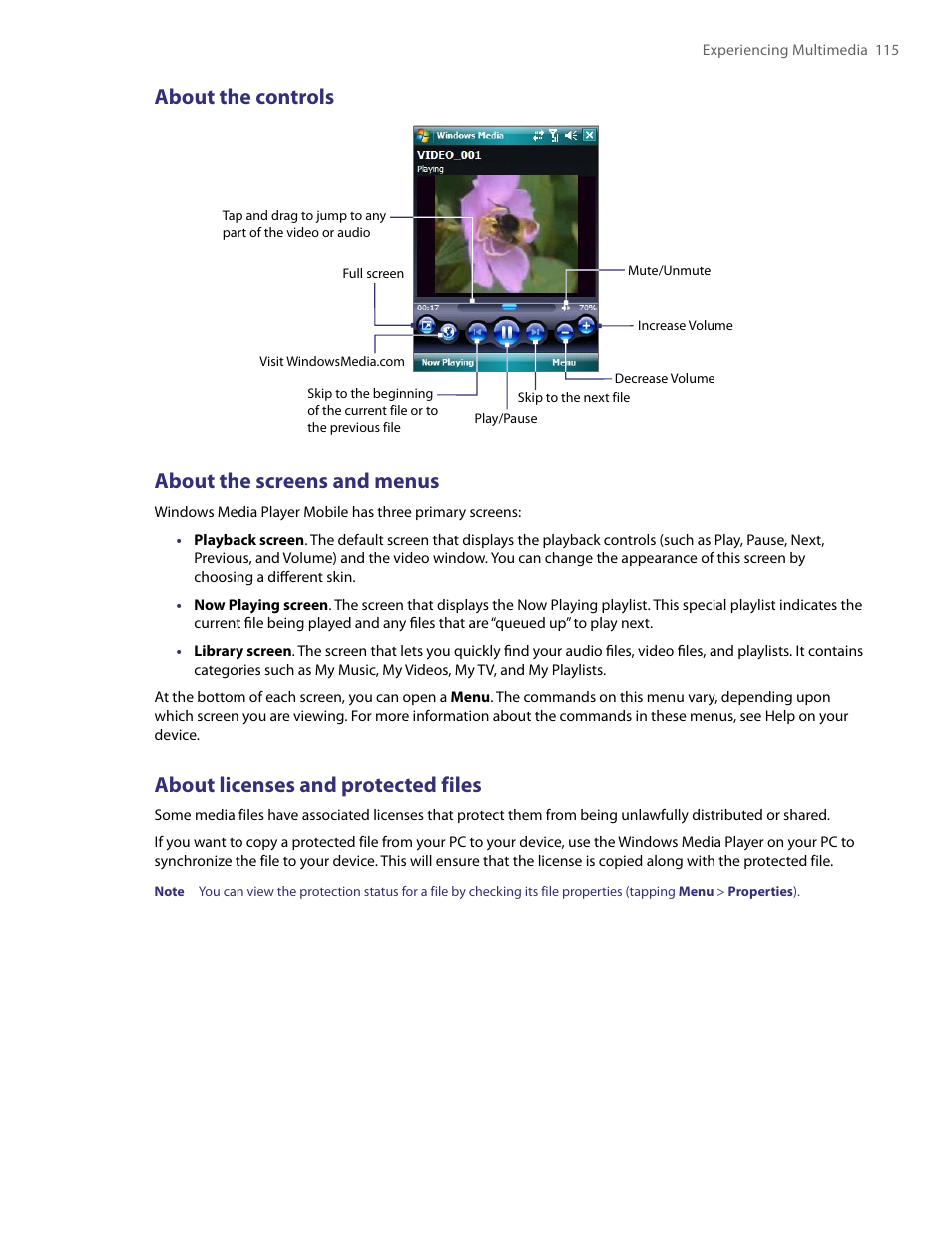 About the controls, About the screens and menus, About licenses and protected files | TAO PDA User Manual | Page 115 / 148