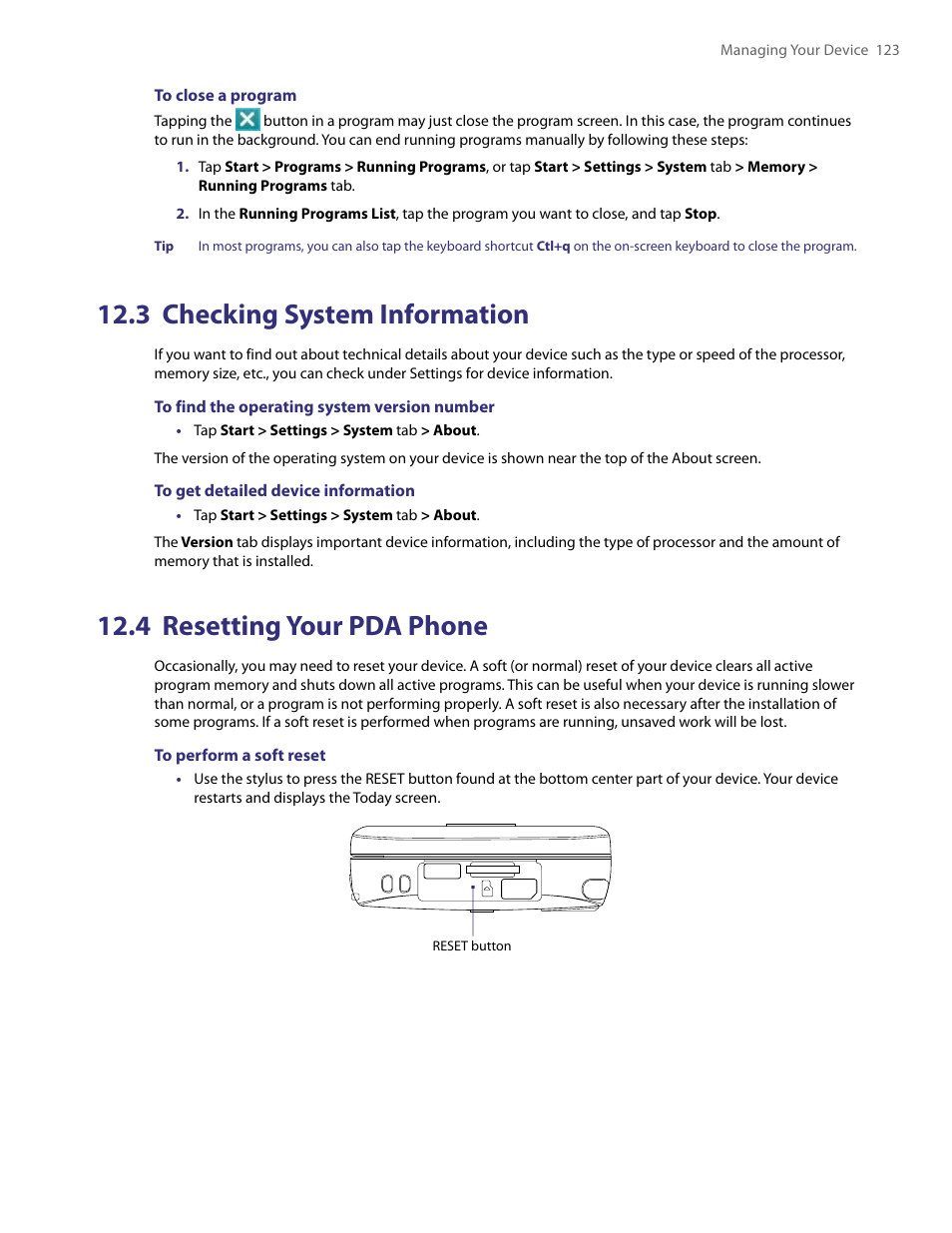 3 checking system information, 4 resetting your pda phone | TAO PDA User Manual | Page 123 / 148