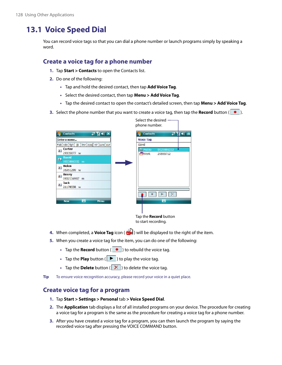 1 voice speed dial, Create a voice tag for a phone number, Create voice tag for a program | TAO PDA User Manual | Page 128 / 148