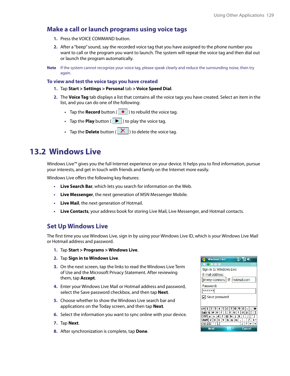 2 windows live, Make a call or launch programs using voice tags, Set up windows live | TAO PDA User Manual | Page 129 / 148