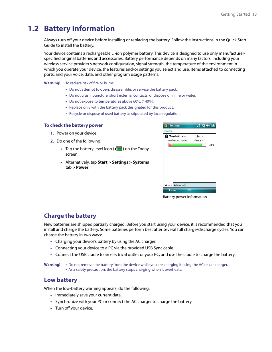 2 battery information, Charge the battery, Low battery | TAO PDA User Manual | Page 13 / 148