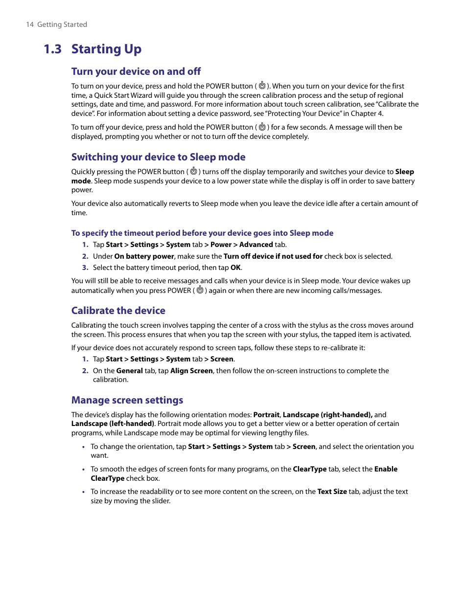 3 starting up, Turn your device on and off, Switching your device to sleep mode | Calibrate the device, Manage screen settings | TAO PDA User Manual | Page 14 / 148