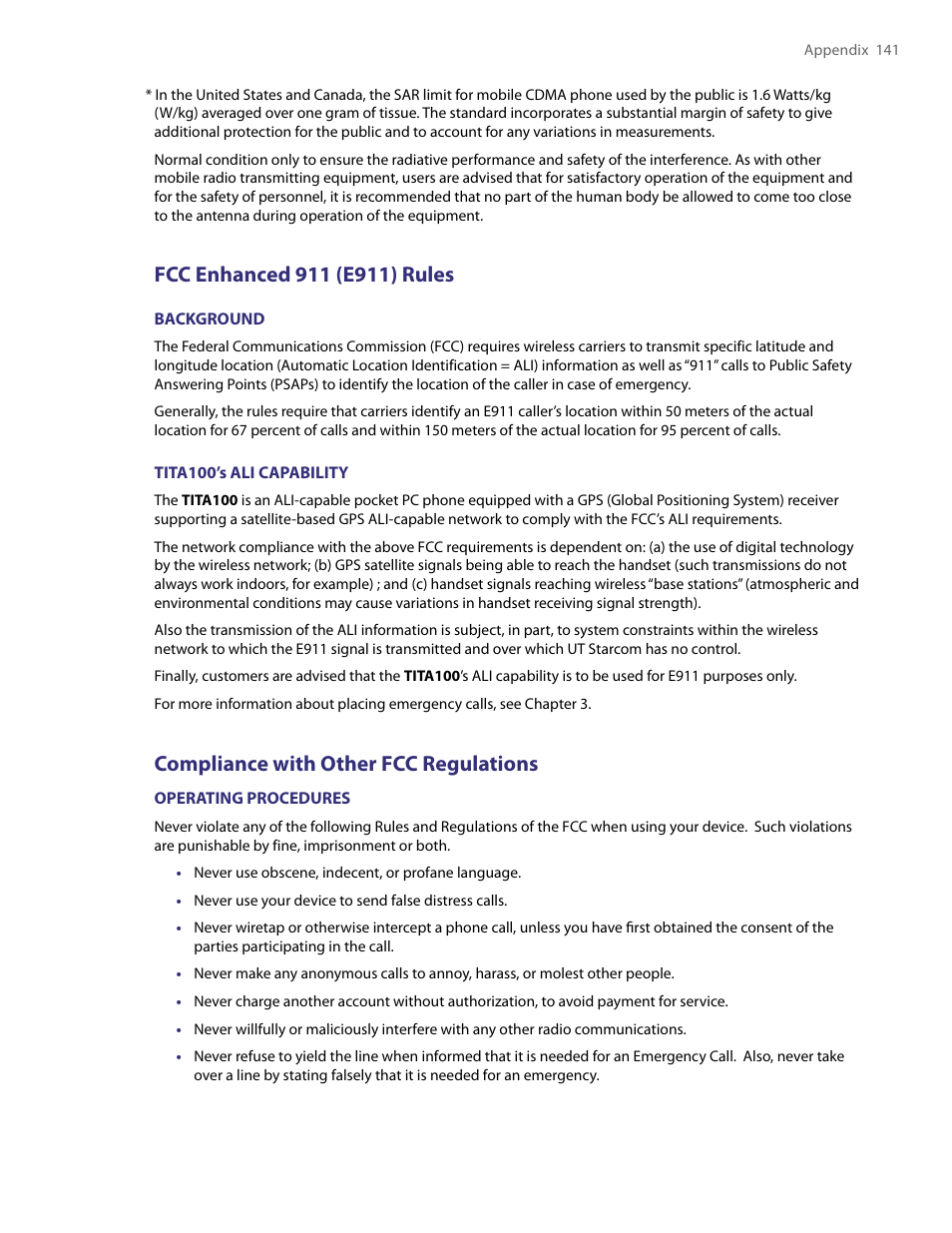 Compliance with other fcc regulations | TAO PDA User Manual | Page 141 / 148