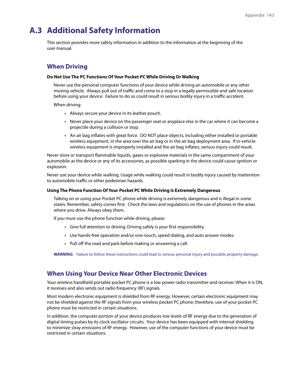 A.3 additional safety information, When driving | TAO PDA User Manual | Page 143 / 148