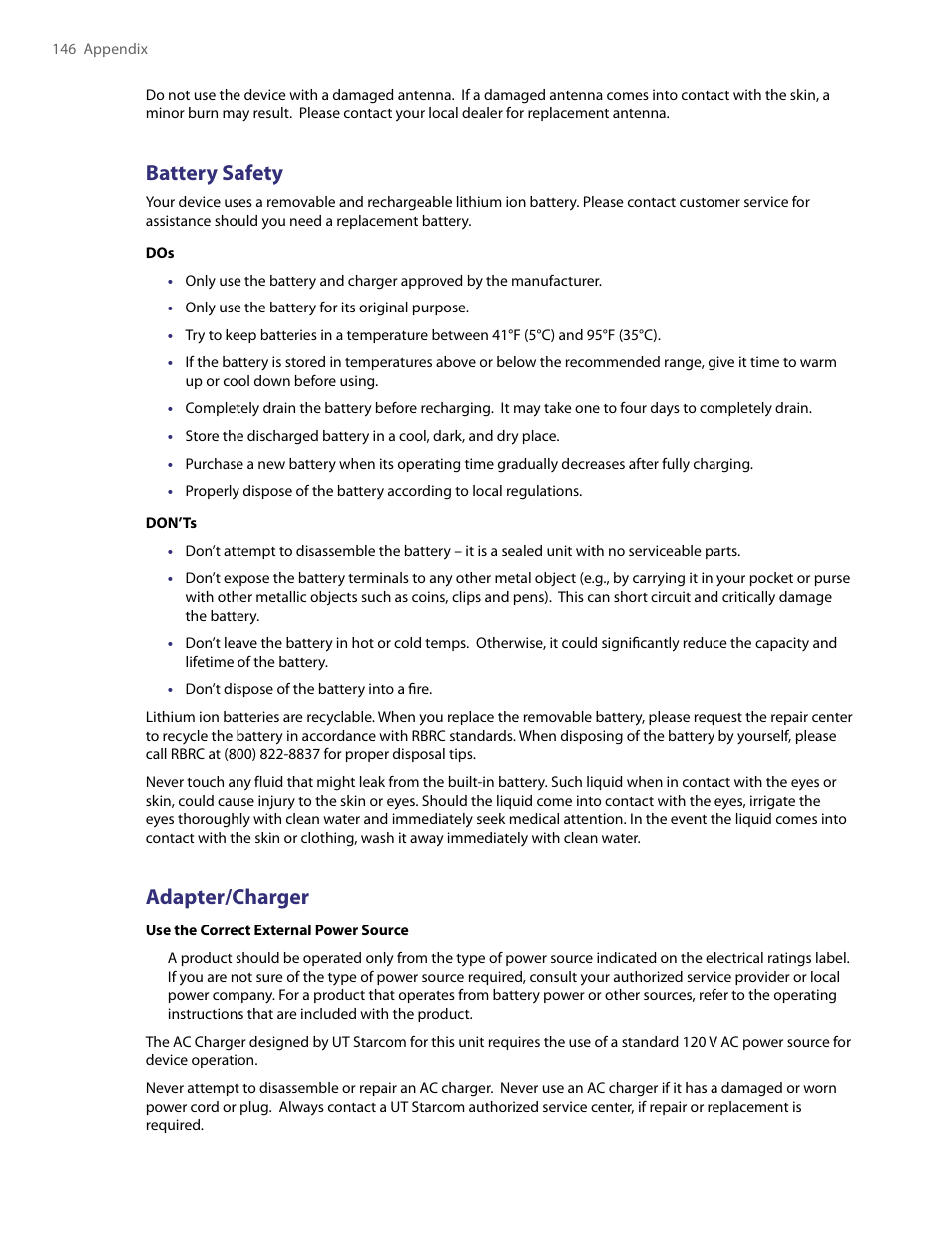 Battery safety, Adapter/charger | TAO PDA User Manual | Page 146 / 148